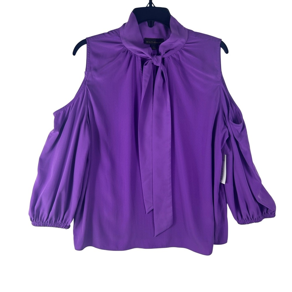 Bold Elements Purple Cold Shoulder Tie Neck‎ Blouse Women's Large Polyester NEW
